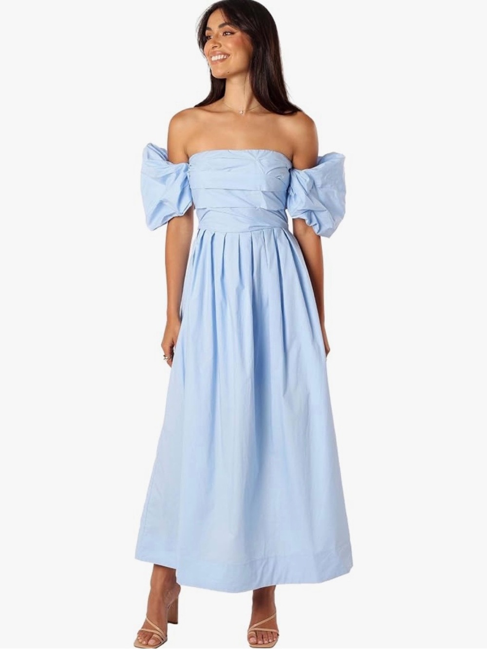 Petal & Pup Light Blue Strapless Maxi Dress with Puff Sleeves
